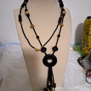 Women's Beaded  Necklace Black & Gold Tassel Elegant Evening Retro Classy